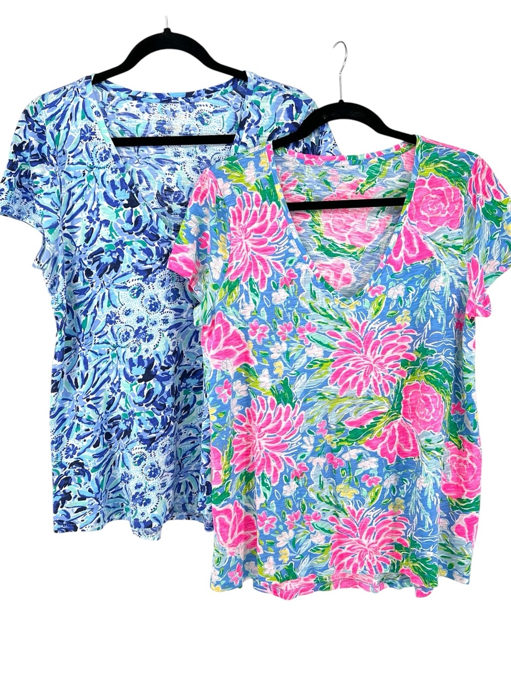 Lilly Pulitzer Etta V-Neck Top Sz L Lot of 2 Pink Blue Colorful Resort Preppy
